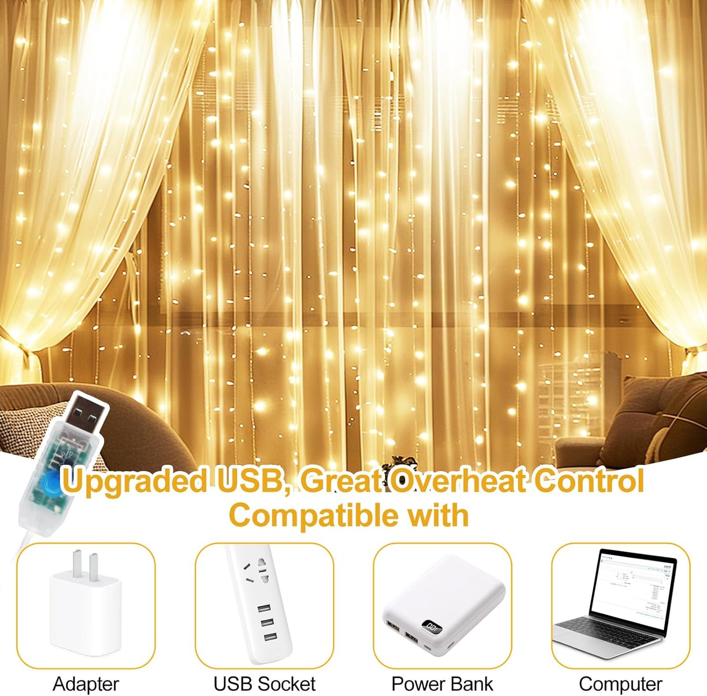 2 Pack Fairy Curtain Lights Upgraded Tangle-Free Warm White USB Plug in 8 Modes String Hanging Lights with Remote for Christmas, Bedroom, Indoor, Outdoor, Weddings, Party (10 FTx10 FT)