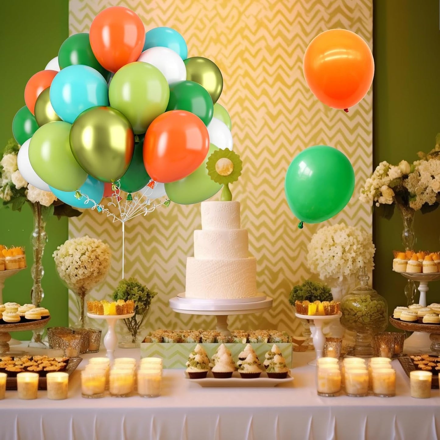 Orange Blue and Green Balloons, Assorted Latex Balloons, Orange Teal Turquoise Blue Fruit Green Metallic Green and White Party Balloon, for Dinosaur Safari Jungle Themed Birthday Party Decor