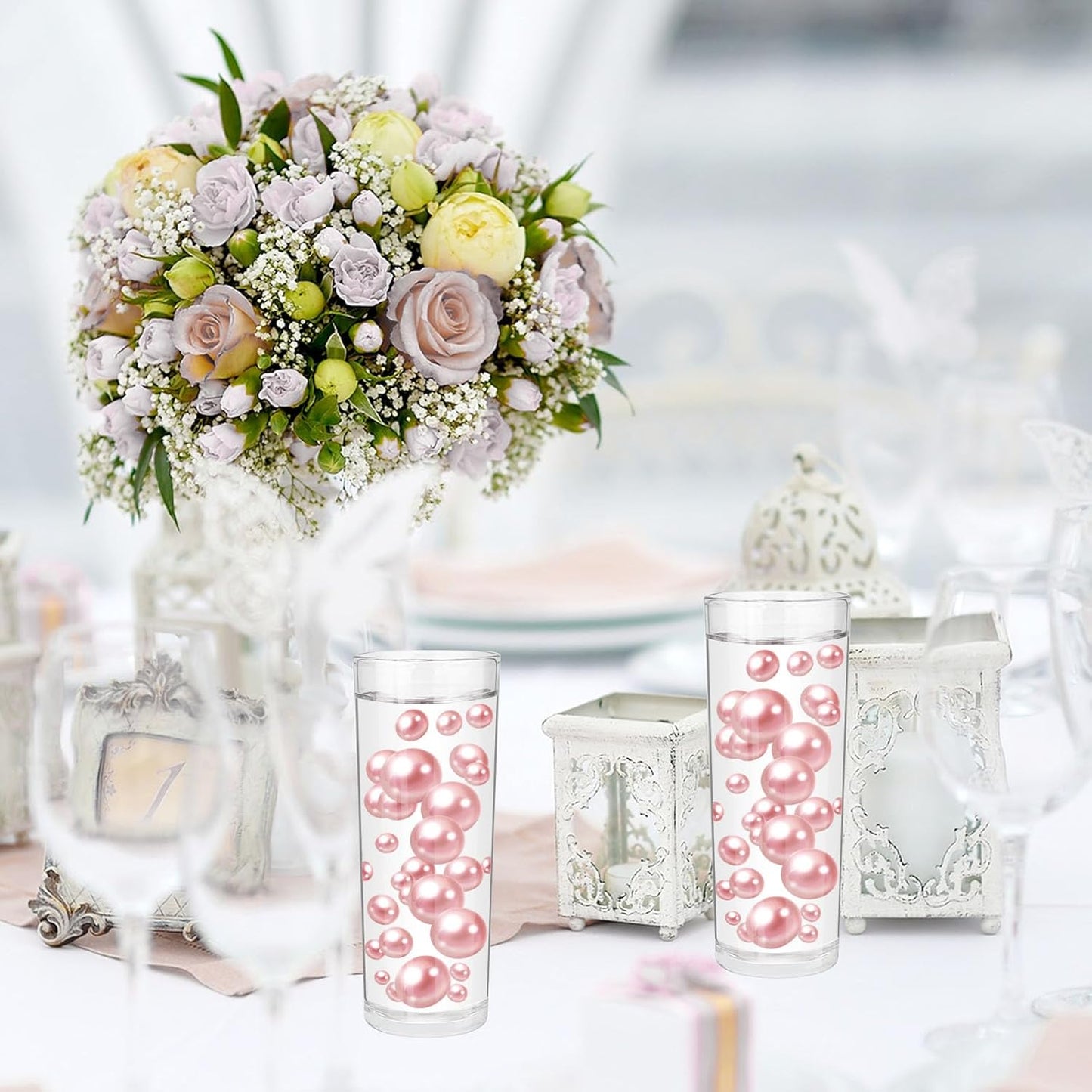 100PCS Dark Pink Faux Pearls Beads for Centerpiece Vases, Vase Filler Faux Pearls, No Holes Filler Beads for Party Anniversary Birthday Wedding Table Decor, 14/20/30mm