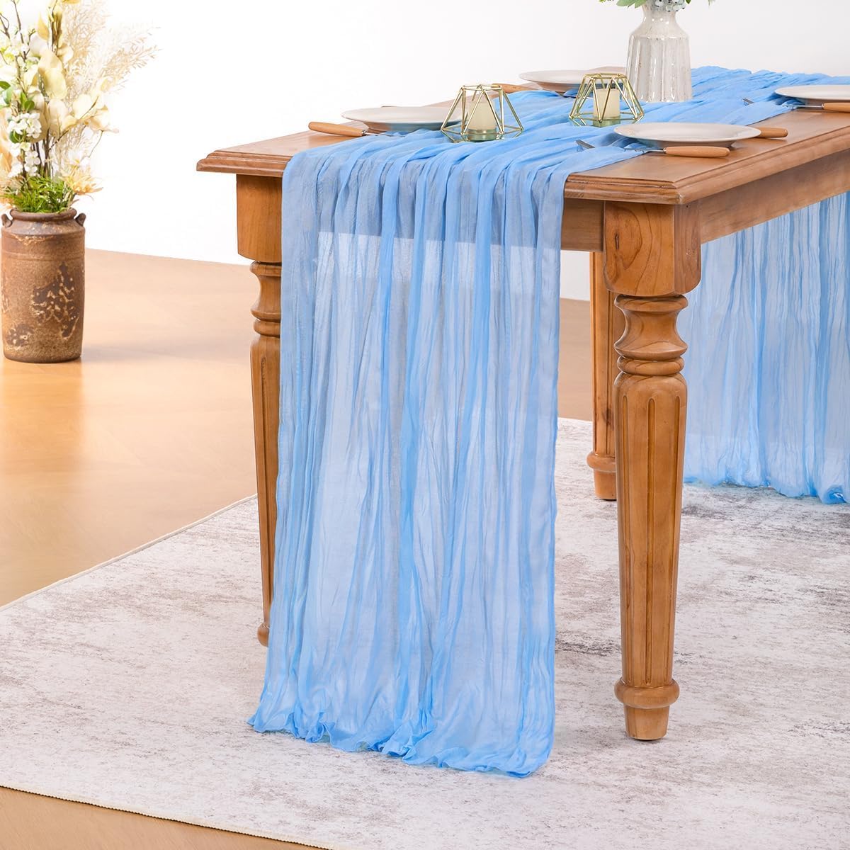 MLMW 4 Pack Light Blue Cheesecloth Table Runner Boho Gauze Rustic Cheese Cloth 160 inch Sheer Baby Blue Coastal Table Runner 13.3ft for Wedding Party Baby Bridal Shower Birthday