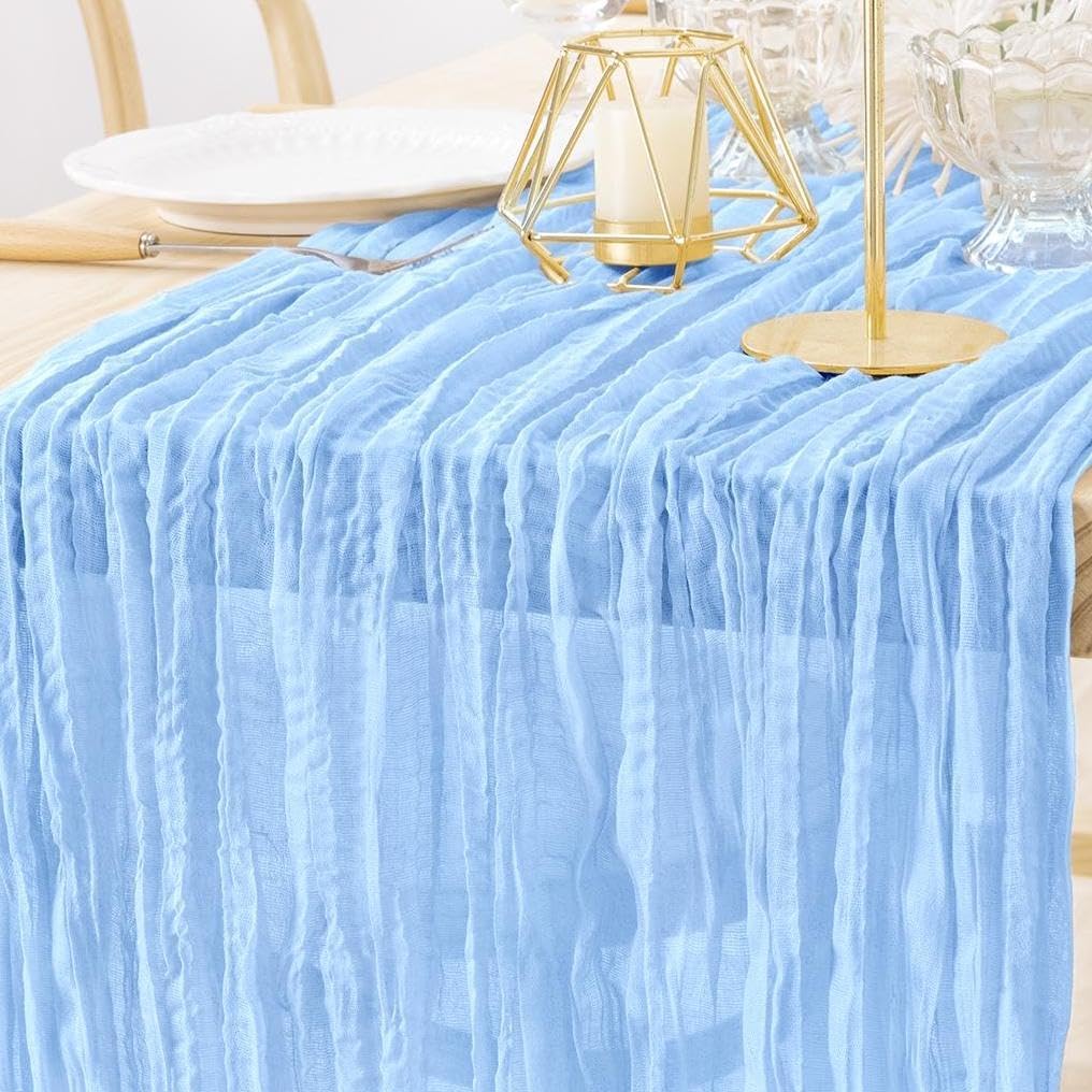 MLMW 3 Pack Light Blue Cheesecloth Table Runner Boho Gauze Rustic Cheese Cloth 160 inch Sheer Baby Blue Coastal Table Runner 13.3ft for Wedding Party Baby Bridal Shower Birthday