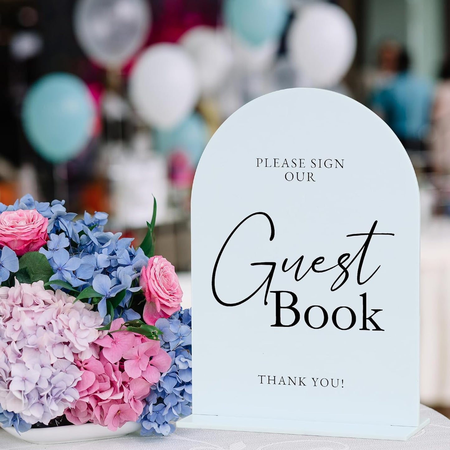 White Arch Acrylic Wedding Sign- 5"x7" Guest Book Sign and Base,1/8" Thick | Modern Calligraphy Arched Acrylic Table Sign for Wedding & Event Party
