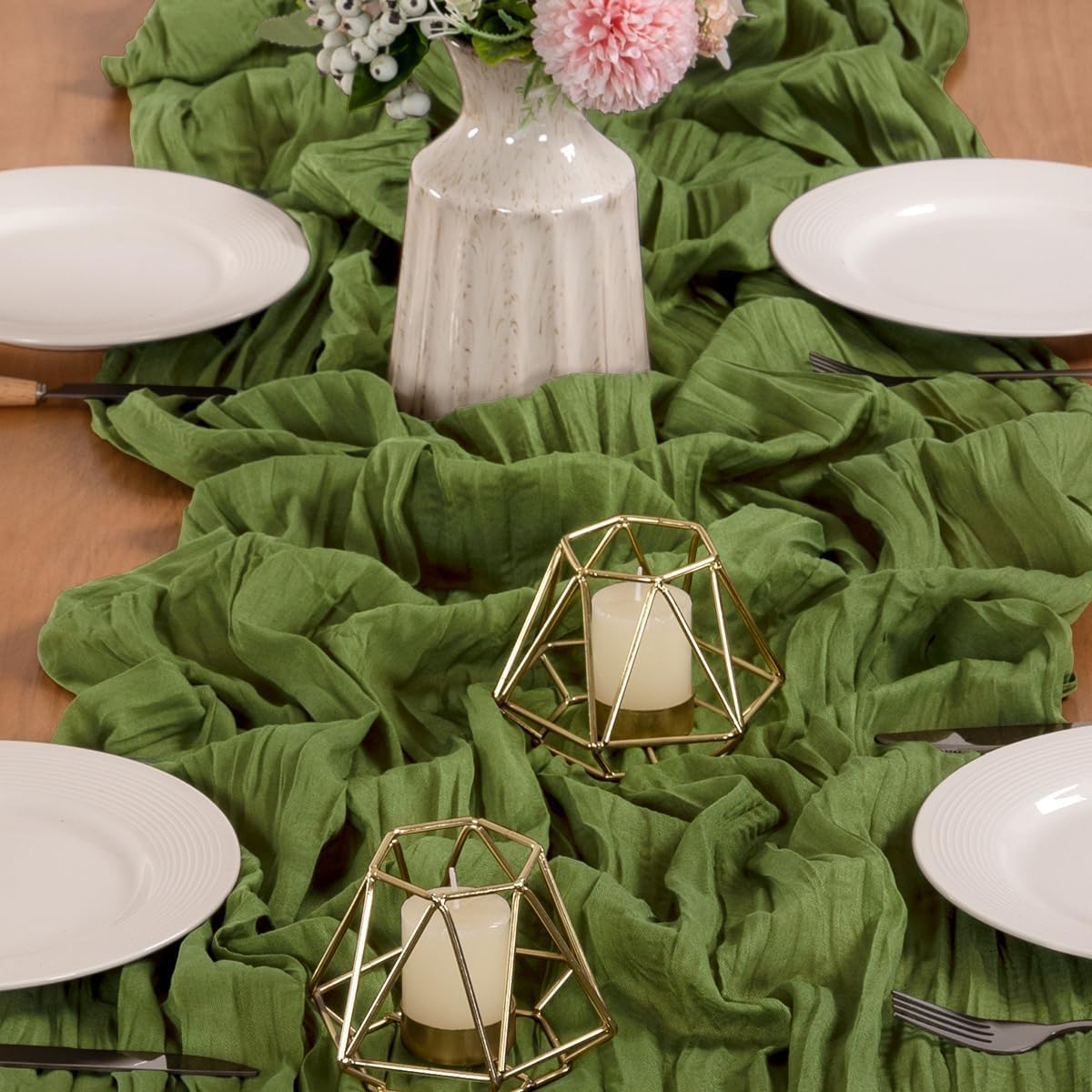 MLMW Fall Cheesecloth Table Runner Forest Green Boho Cheese Cloth Gauze 160 inch Rustic Sheer Table Runner 13.3ft for Wedding Party Baby Bridal Shower Birthday