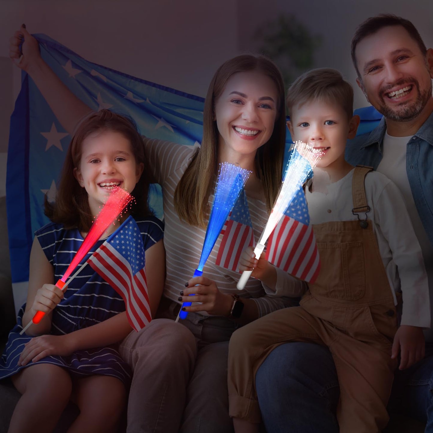 48 PCS Red Blue White Glow Fiber Wands Sticks LED Light Wands 3 Modes Flashing Fiber Optic Light Rod Bulk Fiber Optic Wands for July 4th Party Supplies