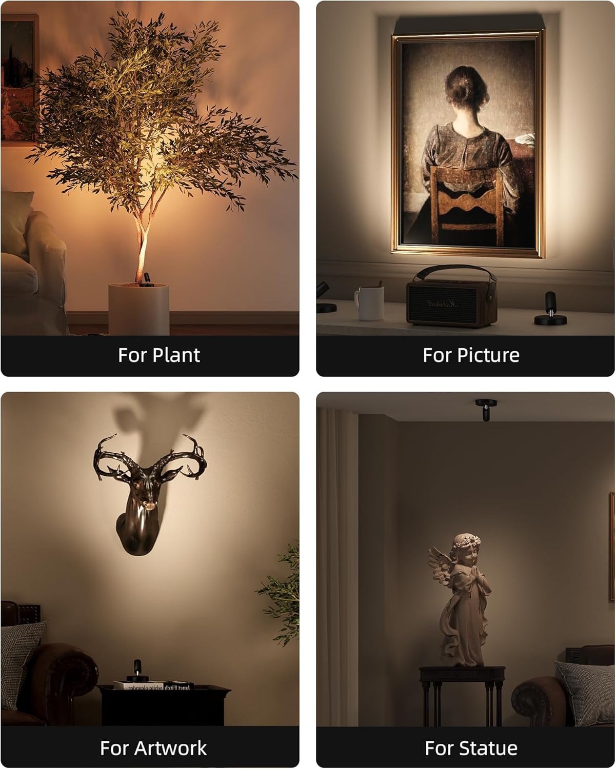 EZVALO Spotlights Indoor with Remote,5500mAh Rechargeable Picture Lights, Wireless LED Uplighting with Timer&Dimmable, 3CCT,Mini Plant Spot Lights for Painting,Artwork,Accent Lighting(4Pack-Black)