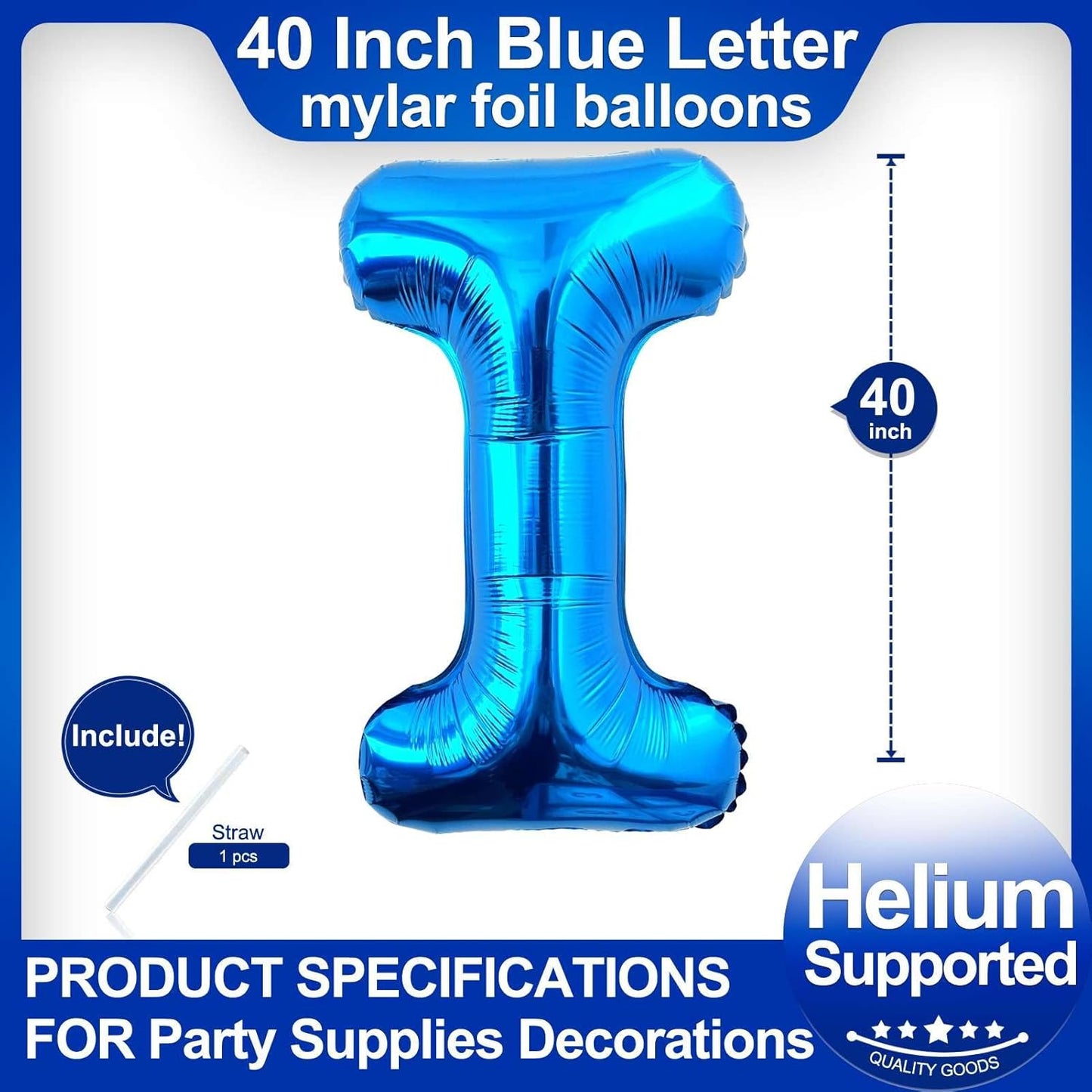 40 Inch Blue Letter I Balloons, DIY Phrase Foil Alphabet Letter I Balloons DIY Word I Banner for Birthday Anniversary Celebration Graduation Party Supplies Decoration
