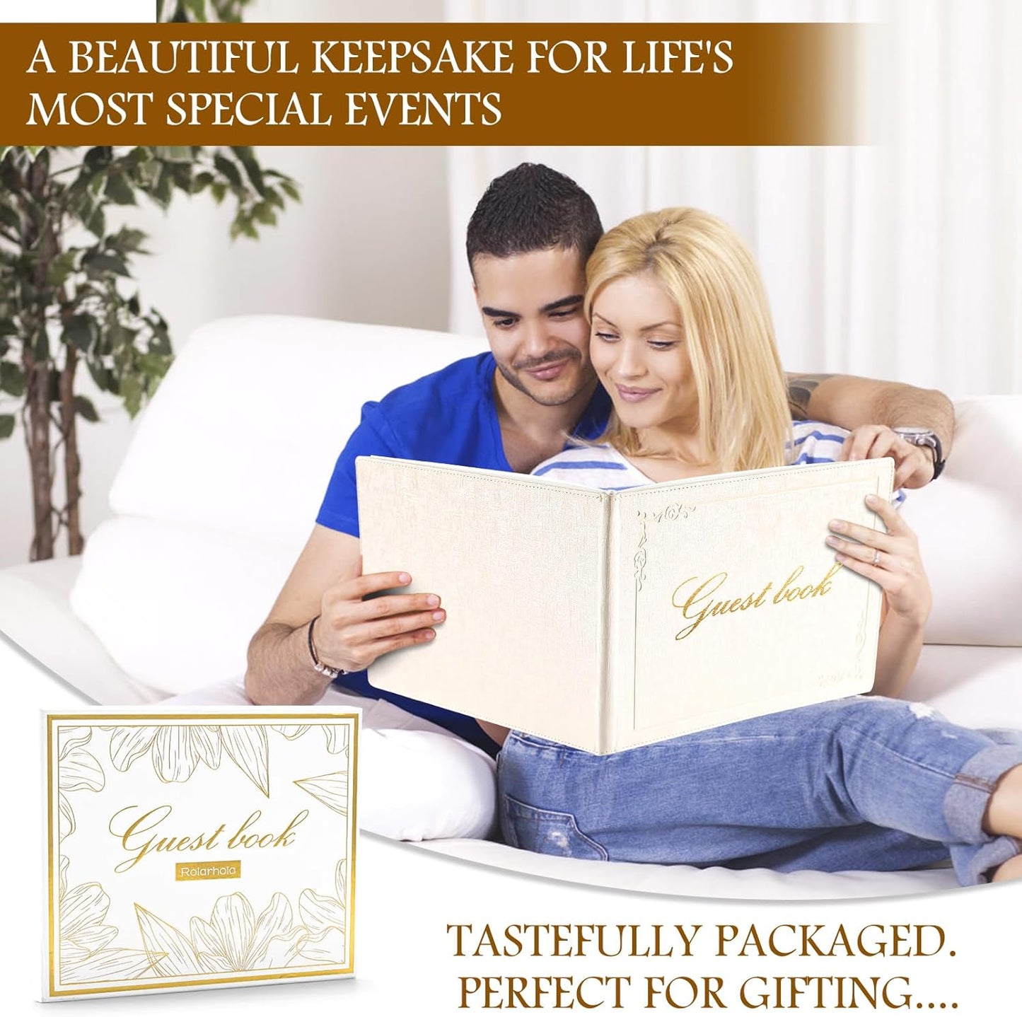 8x10 Leather Guest Book and Standup Sign Set, Gold Foiled Cover Registry Book for Wedding Reception, Retirement Party, Vacation Homes and Events, 120 Pages (White)