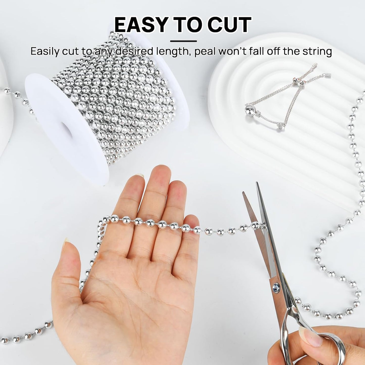 Craft String Pearls 6MM Pearl Bead, 66 Feet Silver Faux Pearl Garland Spool Roll Strand Wedding Party Decoration, Christmas Tree Decorations