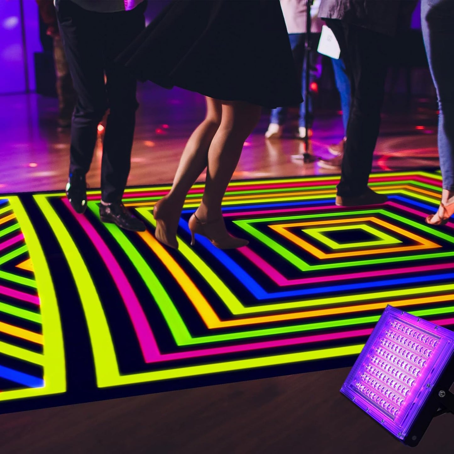 Haull 118 x 39 Inch Neon Light up Dance Floor Glow in The Dark Runner UV Reactive Blacklight Floor Aisle Runner Decor Wall Props for 80s 90s Neon Birthday Party Decorations(Square)