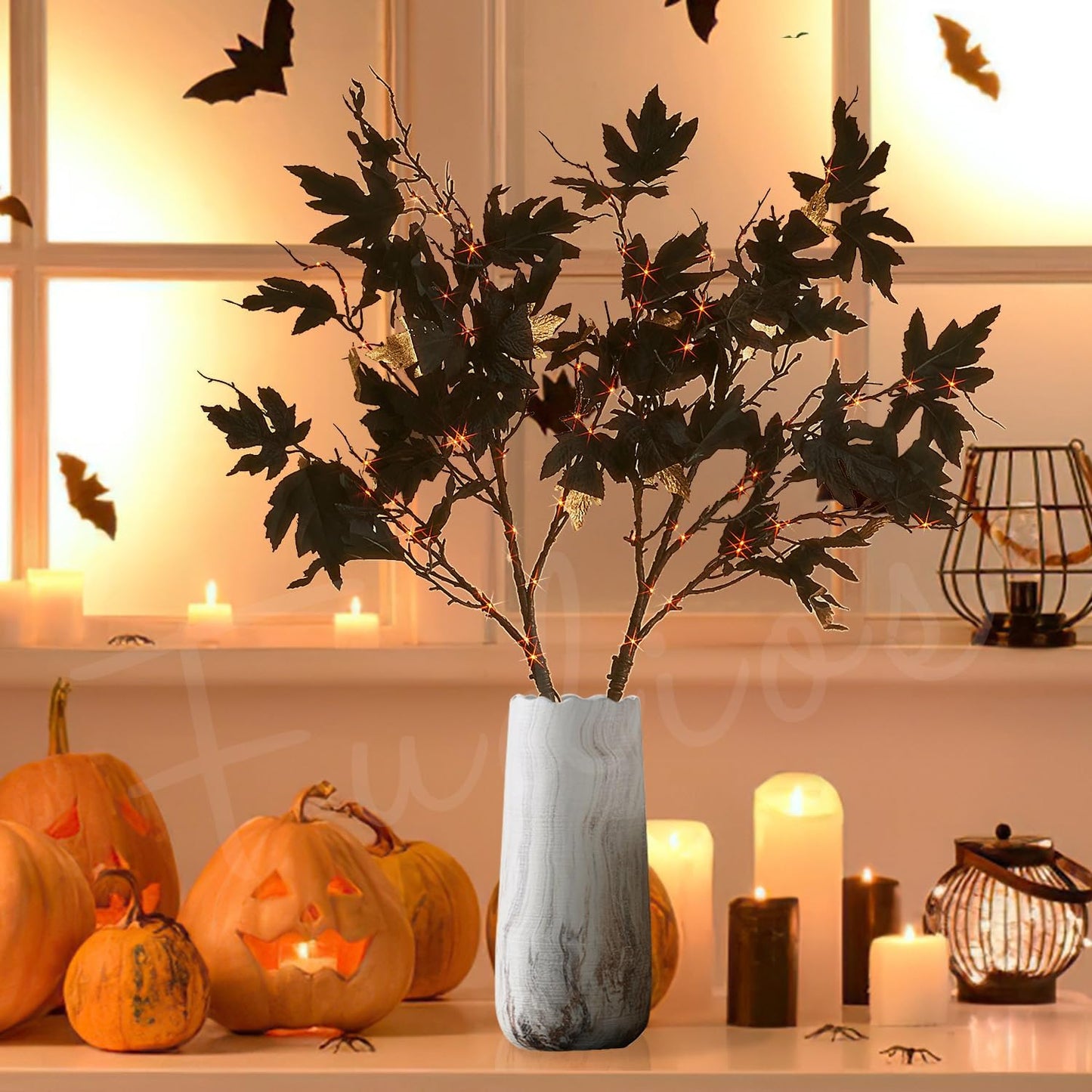 Fudios Halloween Black Branch Lights with Maple Leaves 120LED 32IN Battery Operated Thanksgiving Indoor Artificial Lighted Twig Branches with Timer Warm White and Orange Lights