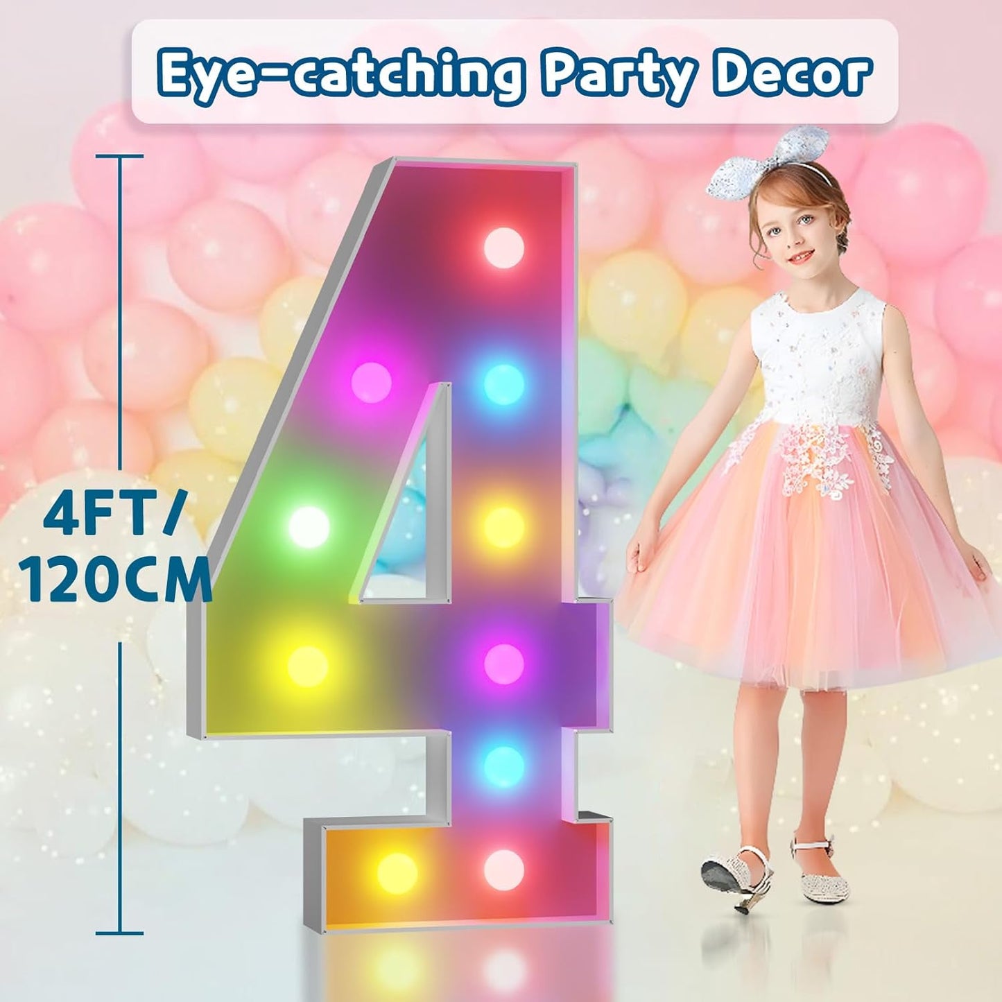 imprsv 4FT Colorful Marquee Numbers,18 Colors Number 4 with Remote, Light Up Numbers Sign for 4th 40th Birthday Decorations Anniversary Party Decor, Pre-Cut Foam Board Kit, Mosaic Numbers for Balloon