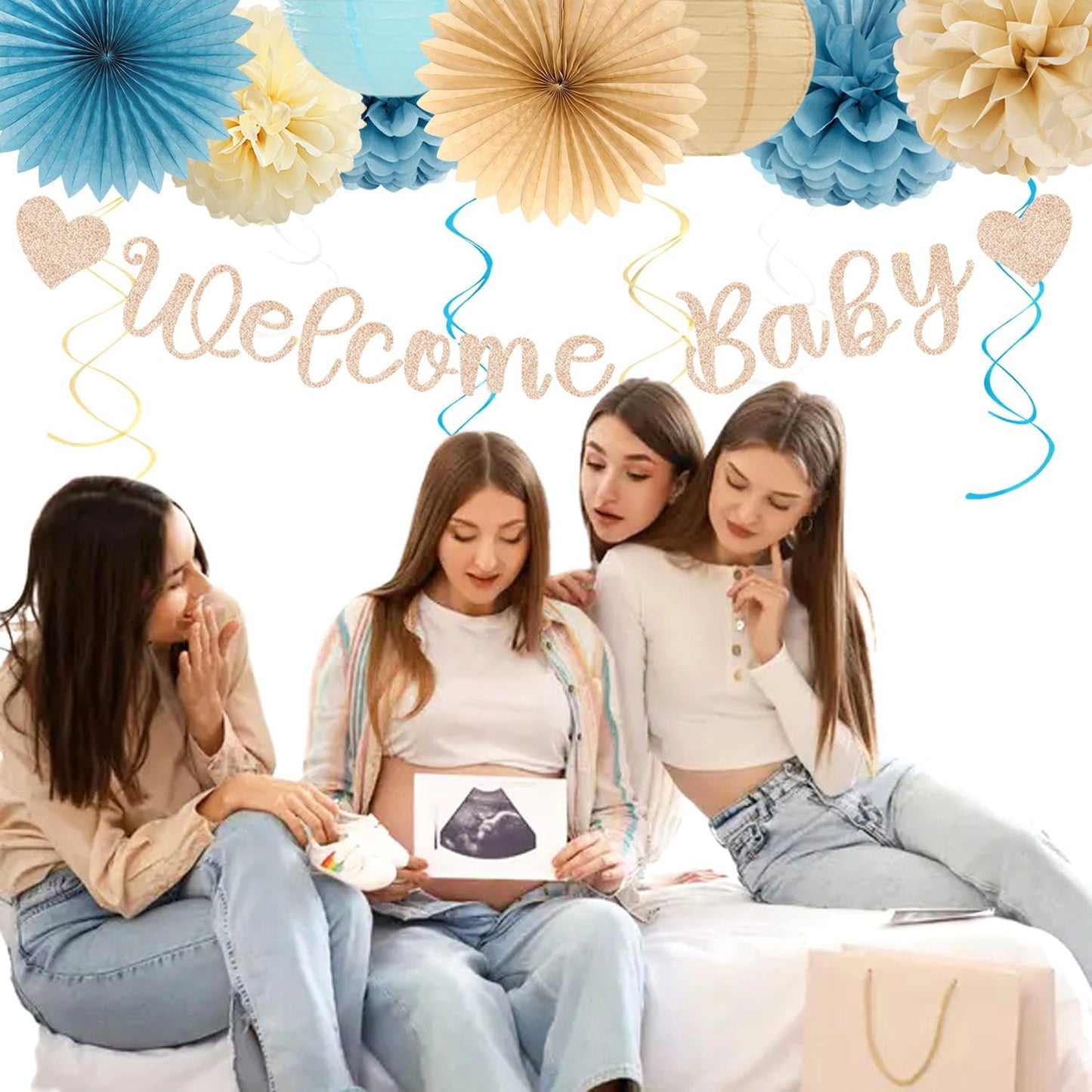 Light-Dusty Blue Beige-Champagne Baby-Shower Party-Decorations - 31pcs Welcome Home Banner Sign,Boy Paper Lanterns,Neutral Streamers Garland,Boho Tissue Pom Poms Flowers Fans Backdrop Decor Burgleda