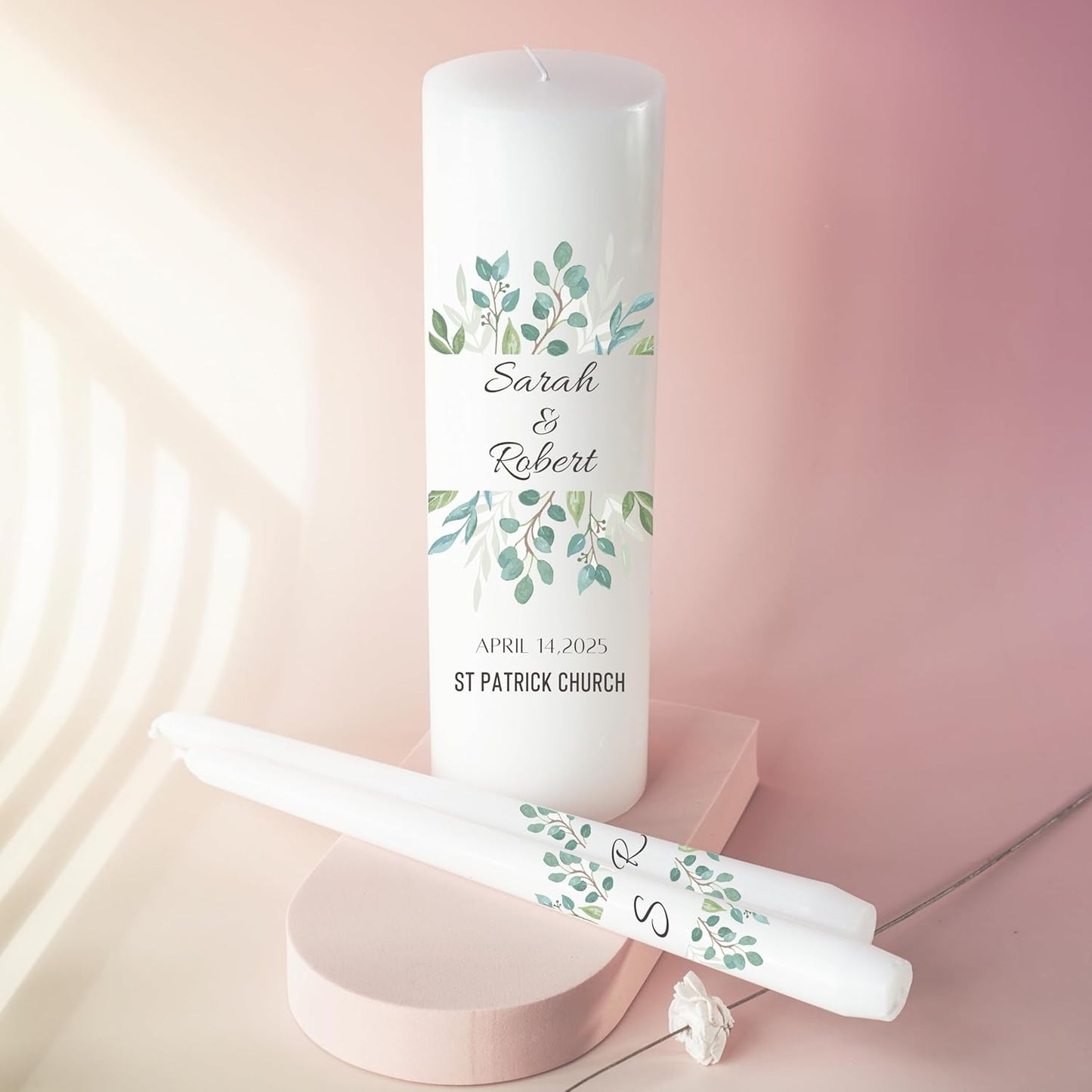 Unity Candles for Wedding, Modern Unity Set, Custom and Personalized Pillar and Taper Candles, Unscented White Premium Wax, Religious and Wedding Ceremony, Special Events (Olive)