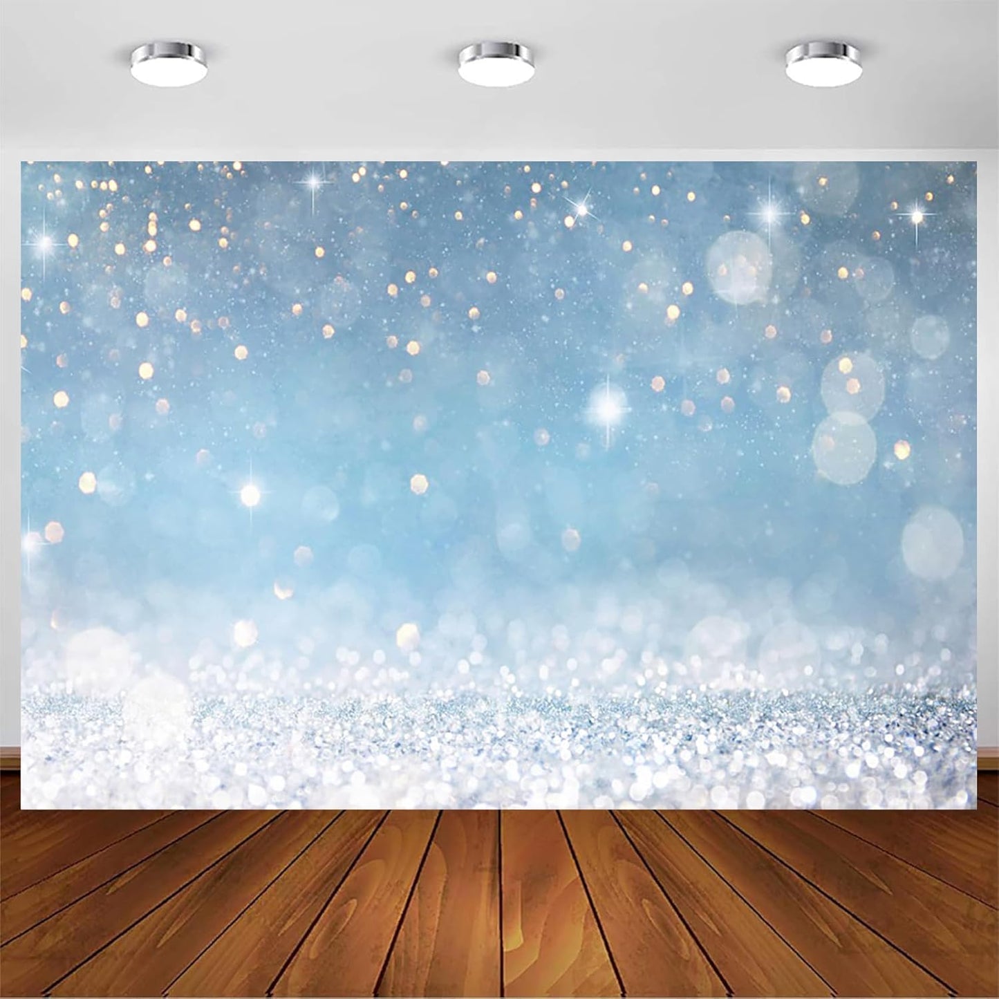 7x5ft Blue Bokeh (Not Glitter) Backdrops Birthday Party Abstract Golden Sparkling Spots Photography Background Baby Shower Wedding Prom Graduation Party Bokeh Decor Banner Photoshoot Props