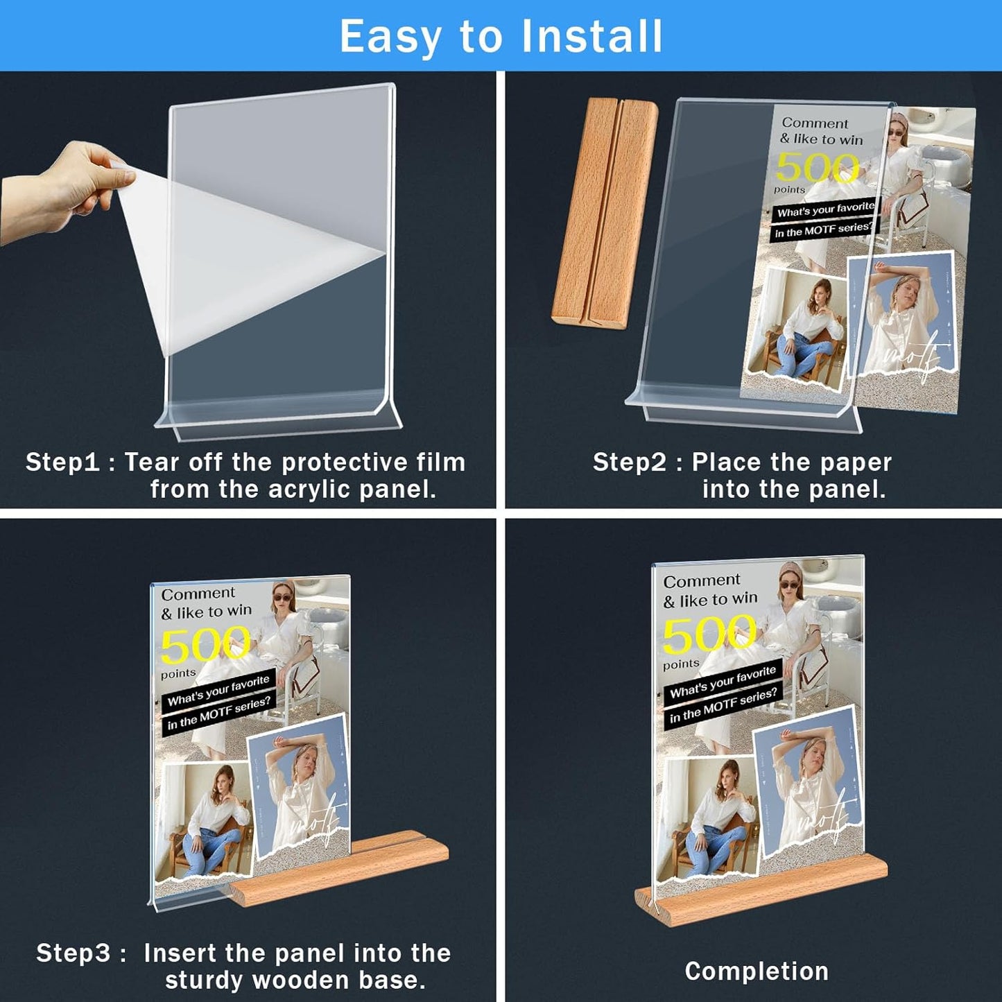 Kersally Acrylic Sign Holder 8.5 x 11, 6 Pack Double-Sided Clear Table Display Stands with Wood Base,Vertical Acrylic Frame Menu Flyer Paper Holder for Stores, Restaurants, Hotels, Office, Show Fair