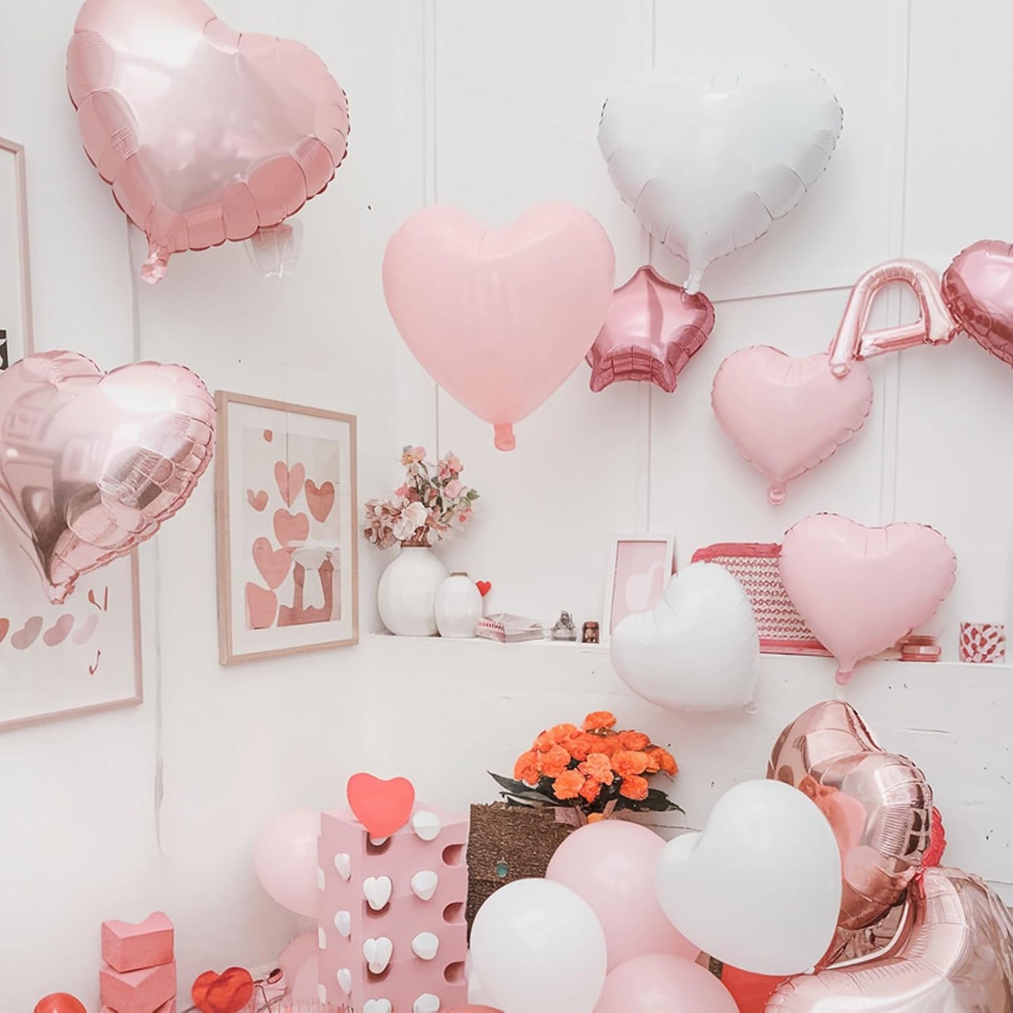 Pink White Heart Balloons, 18 Inch Pink and Cream White Heart Shape Balloons, 12PCS White Sand Helium Foil Balloon for Birthday Baby Shower Bridal Engagement Wedding Party Decorations
