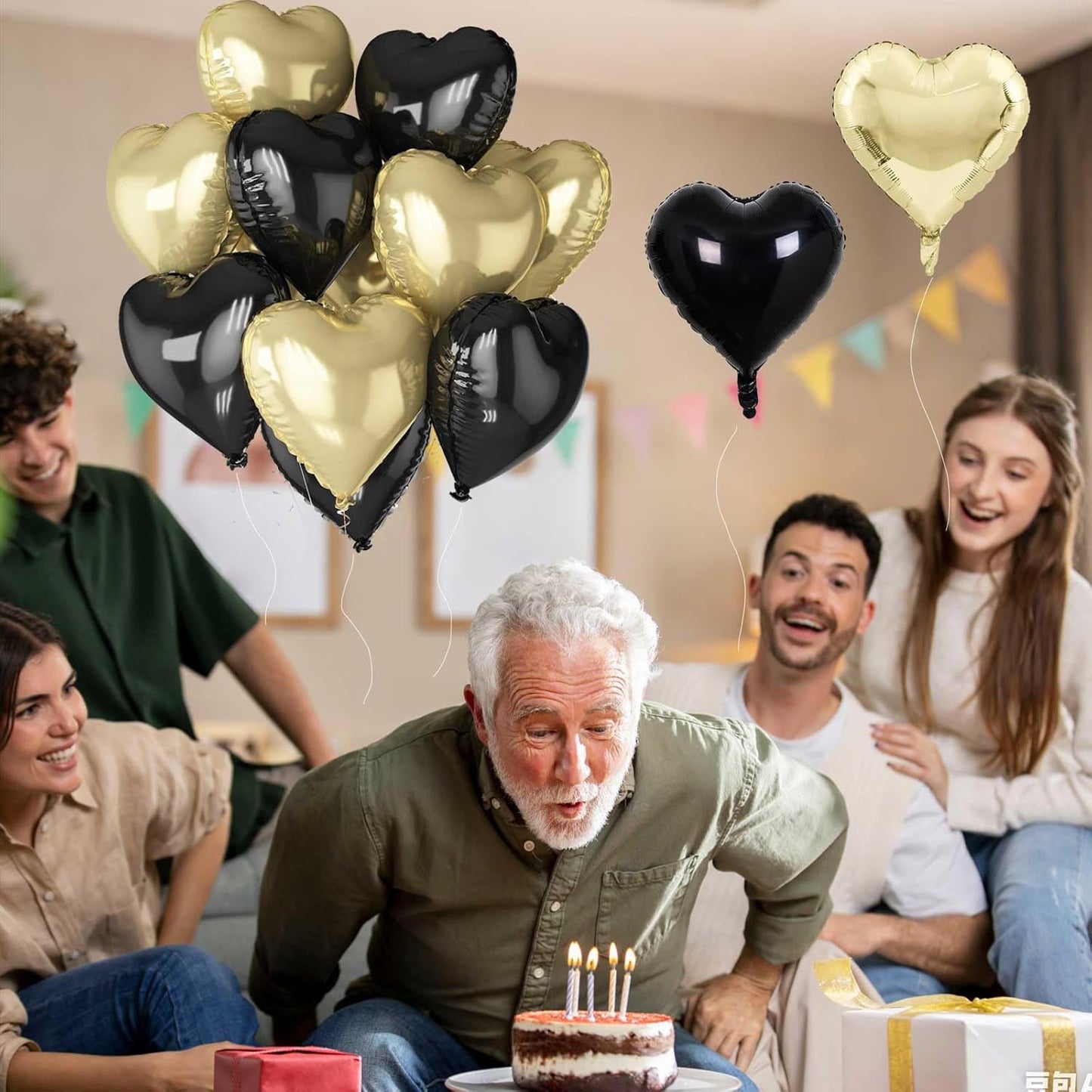 Black Gold Foil Heart Balloons, 18 Inch 10 Pcs Light Gold and Black Heart Shape Mylar Balloons Pastel Yellow and Black Heart Balloons for Birthday Graduation Valentines Baby Party Anniversary
