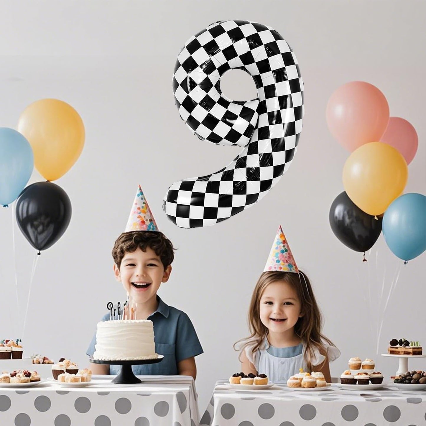 40 Inch Checkered Number Balloon - Race Flag Pattern Big Helium Balloon for Birthday Party Decorations - Black & White Balloon for Kids Adults Party Supplies (Racing Car, Number 9)