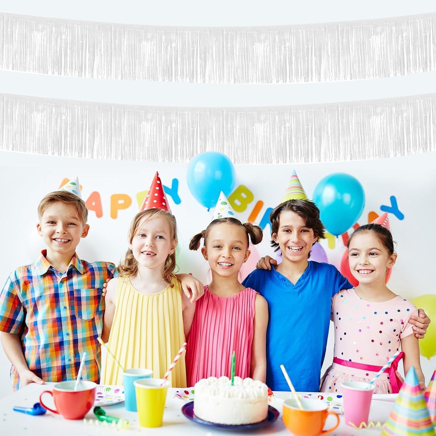 4P Metallic Foil Fringe Tinsel Streamer Banner Table Skirts for Rectangle Tables Backdrop Garland Curtains for Parade Floats Wedding Graduation Anniversary Birthday Parties Decoration (Makaron White)