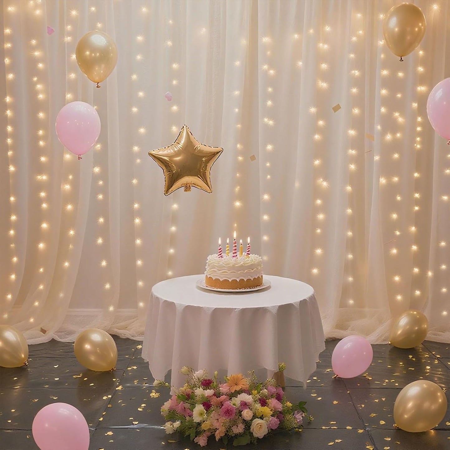 10×8ft Tulle Backdrop Curtains with Lights String - 300LED Fairy Lights Sheer Curtain Backdrop for Weddings Baby Shower and Birthday Party Decorations(6 Panels 5×8ft)