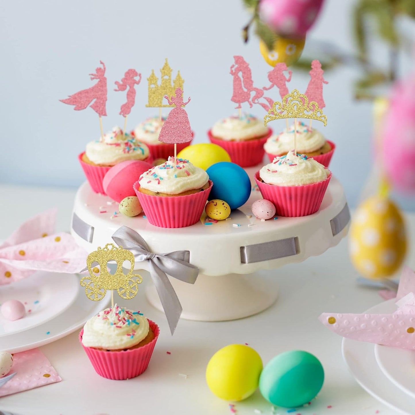 Gyufise 36Pcs Princess Cupcake Toppers Crown Castle Girl Cake Toppers Decorations Birthday Fruits Picks for Princess Girl Babyshower Theme Party Decoration