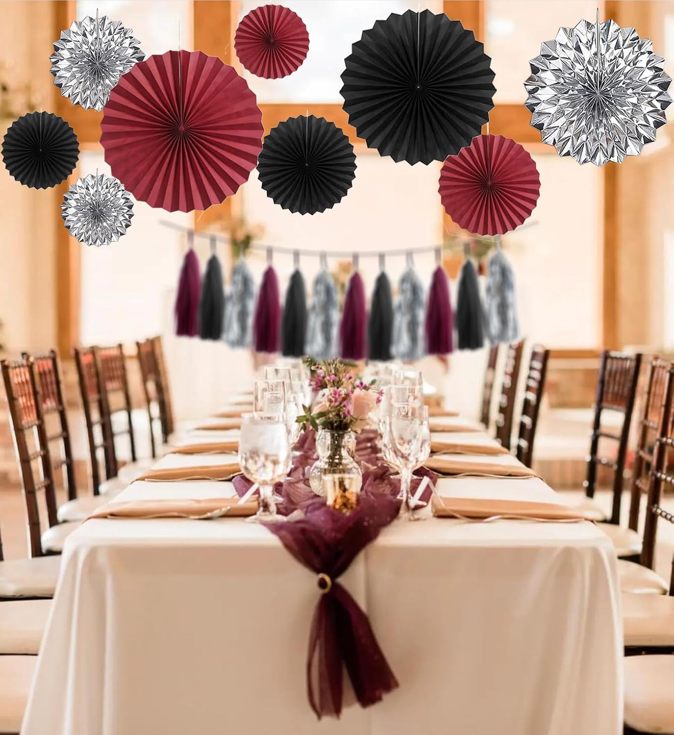 24PCS Maroon Decorations Burgundy Black Silver Party Decor Tassel Garland Banner Paper Flower Fans Streamers Wall Hanging Backdrop Graduation Wedding Birthday Bridal Shower