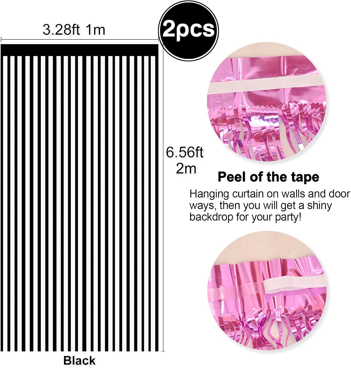 2 Pcs Black Metallic Tinsel Foil Fringe Curtains Backdrop, 3.28 ft x 6.56 ft Streamers for Birthday Wedding Engagement Bachelorette Party Photo Booth Bridal Shower Baby Shower Decorations Supplies
