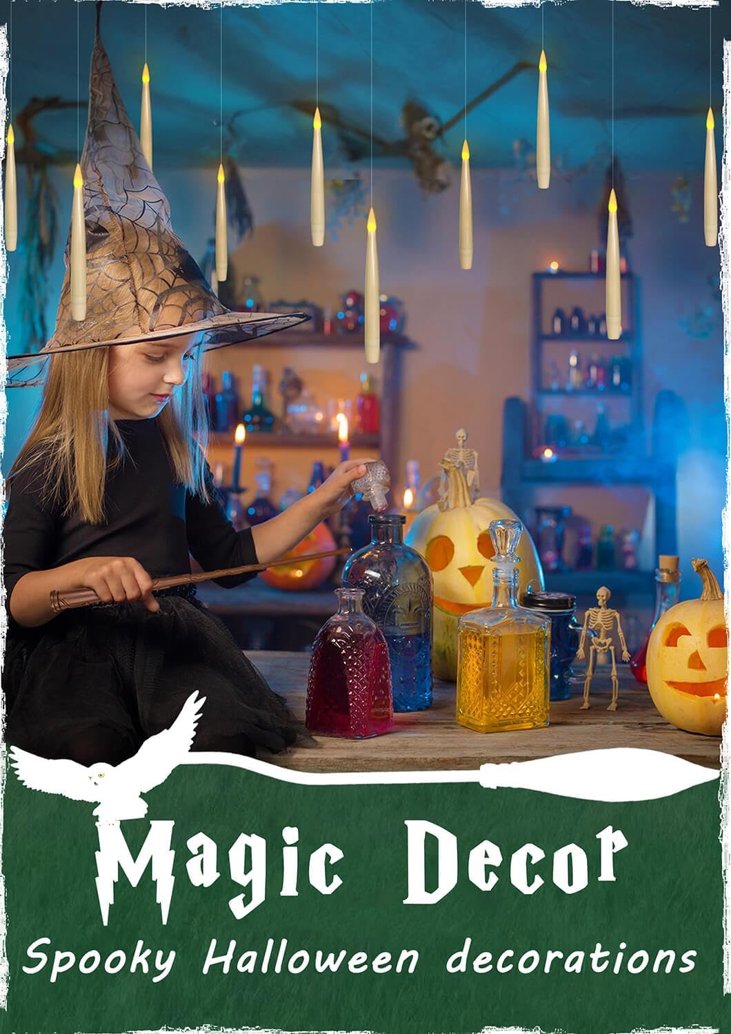 Leejec Floating Candles with Magic Wand Remote(6/18H Timer), 12pcs 6.1" Hanging Flameless Taper Candles, Battery Operated Flickering Warm Light, Halloween Christmas Gift, Wedding Party Decor (Ivory)