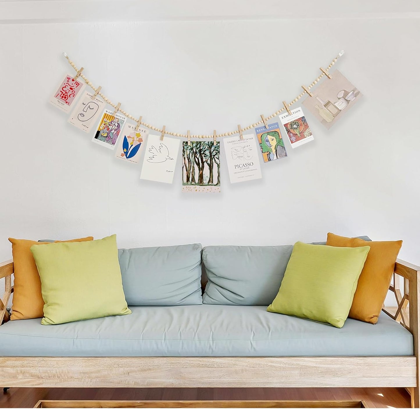 2PCS Hanging Photo Display with Clips, Photo String with 12 Clips, Boho Wooden Bead Garland Collage Picture for Classroom, Bedroom, Office Wall Decor