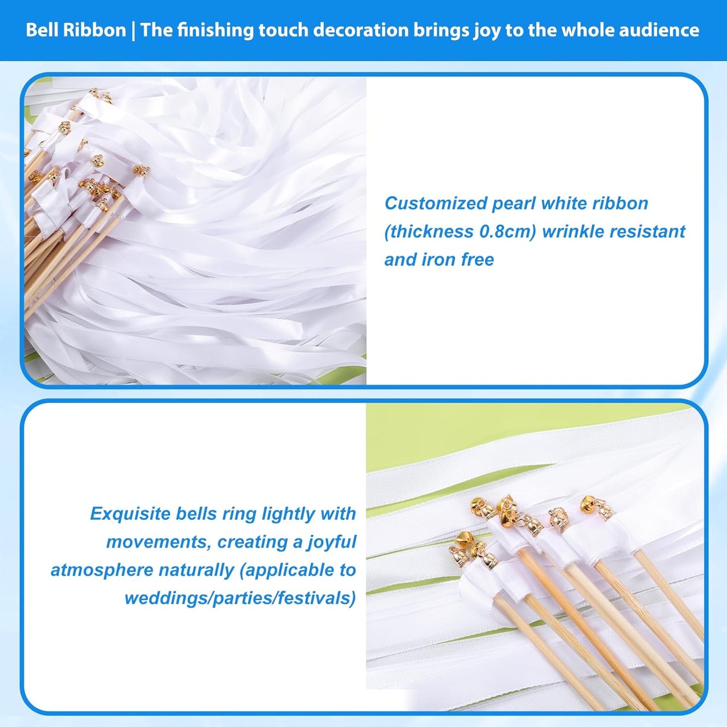 100 Pcs White Lace Ribbon Wedding Wands, Wedding Send Off Ribbon Streamers Party Streamer with Bells Silk Streamers for Party, Holiday, Bridal Shower, Anniversary Activities