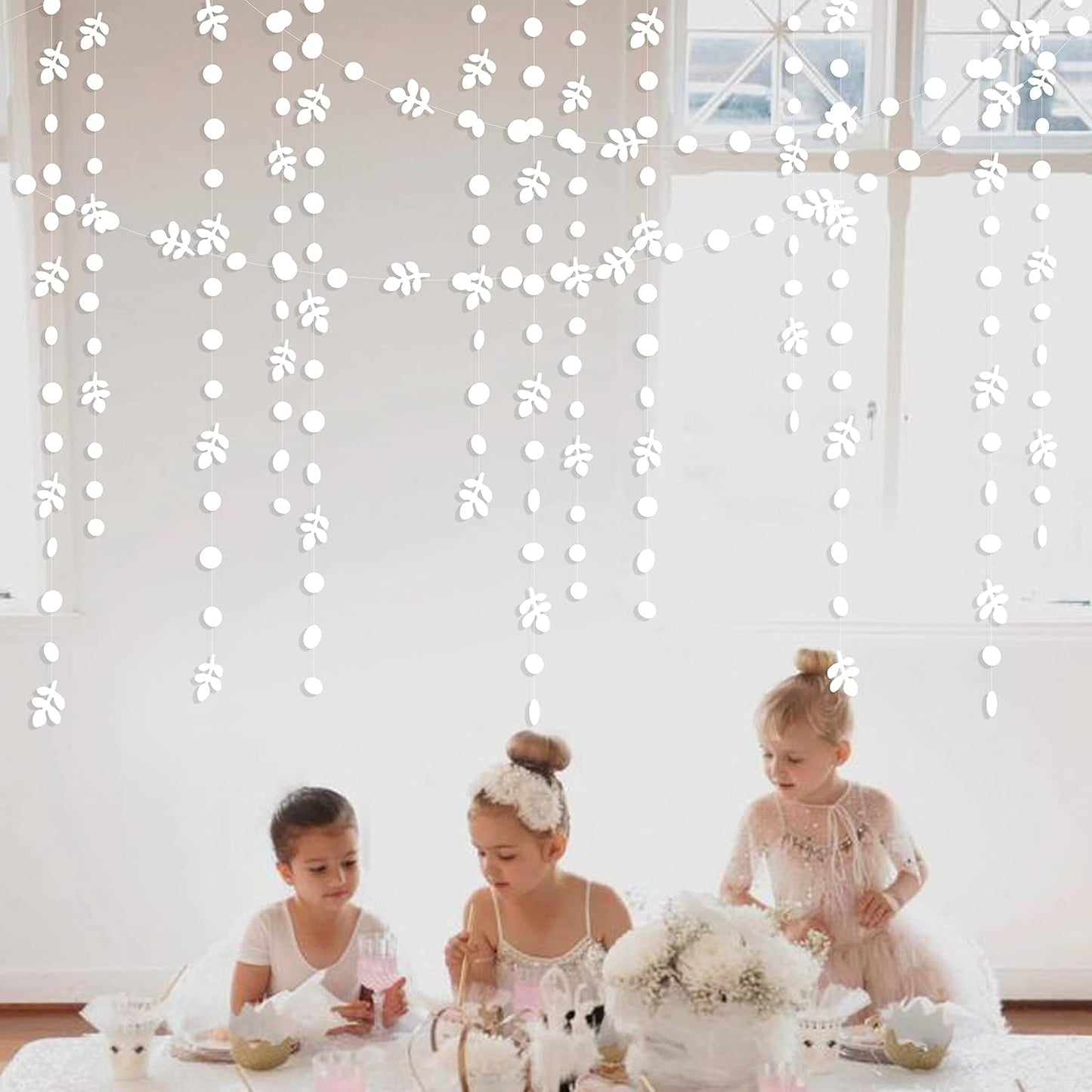 52Ft White Party Decoration Spring Leaf Polka Dot Garland Paper Hanging White Olive Leaves Circle Dot Streamer Banner for Engagement Wedding Bridal Baby Shower Bachelorette Birthday Tea Party Supplies