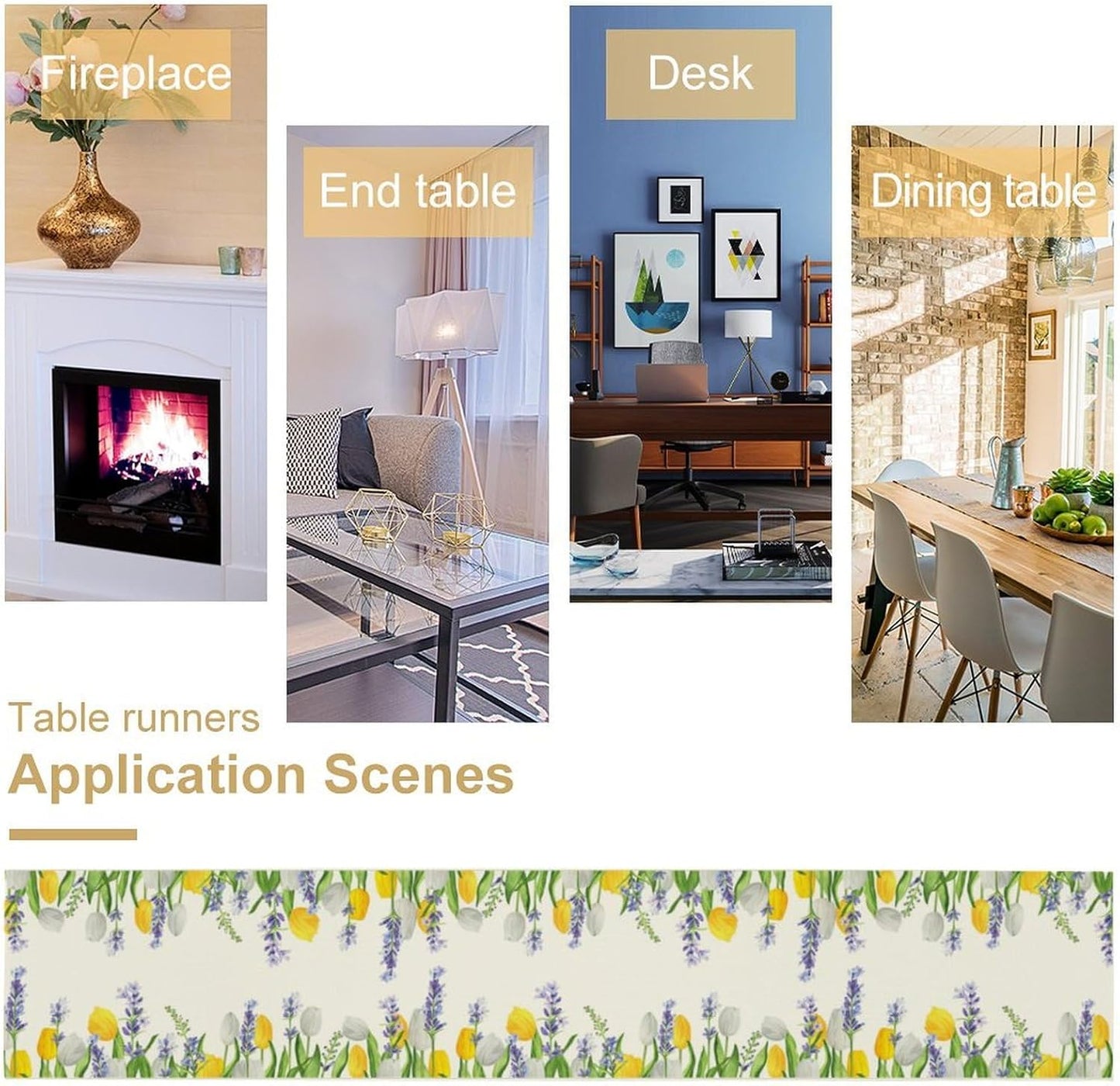 Floral Tulip Lavender Table Runner, Spring Watercolor Flower Plants Nature Butterfly Table Runner for Kitchen Dinner Living Room Home Party, 13x90 Inch