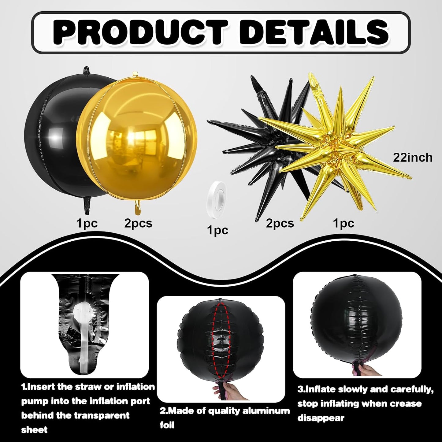 6Pcs Black Gold Foil Balloons,22Inch Gold Black 4D Round Ball Balloon and Explosion Star Balloon for Birthday Wedding Baby Shower Anniversary Graduation Decorations