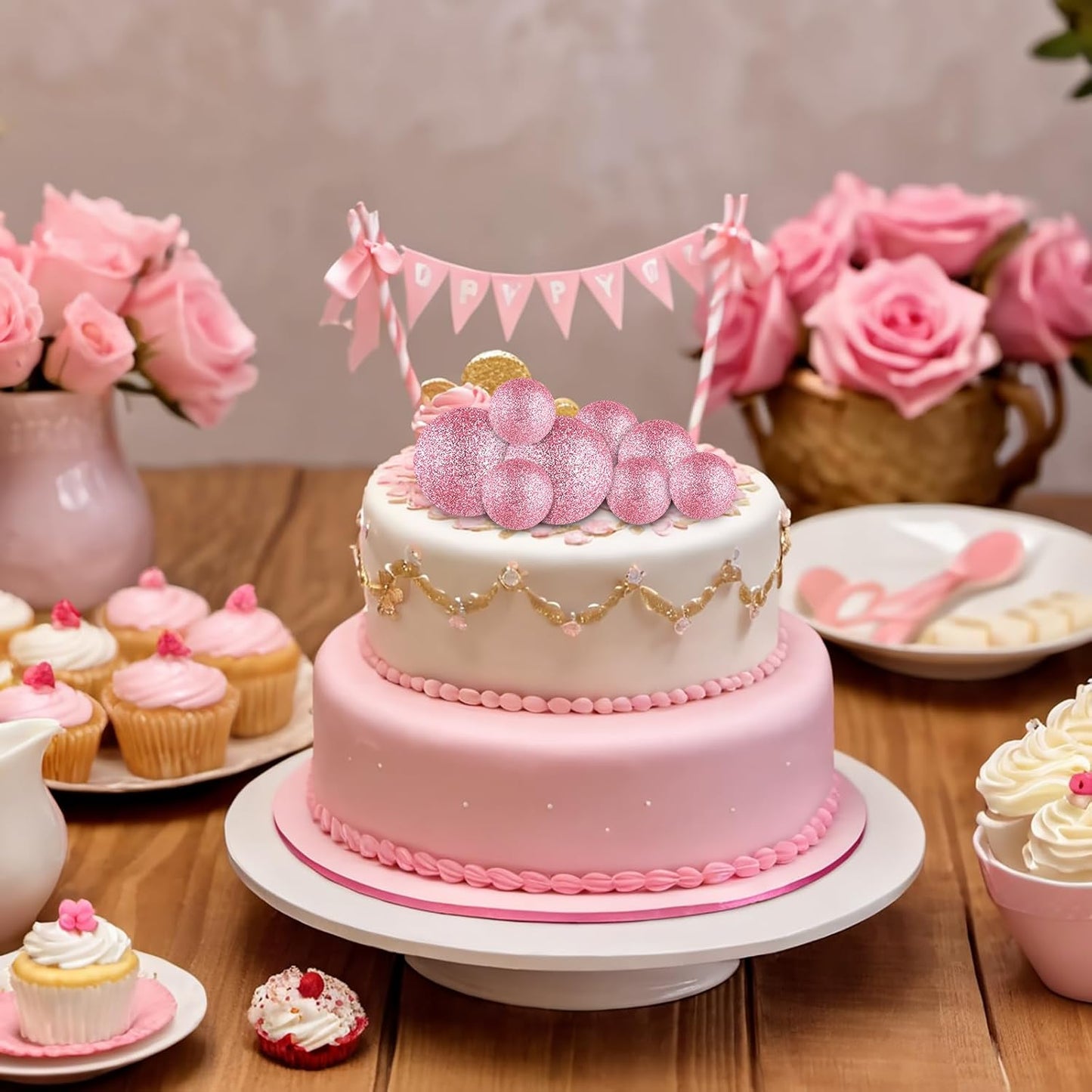 ASTARON 20 Pcs Mini Balloons Cake Topper Sticks Pink Glitter Balls Cake Picks for Wedding & Birthday