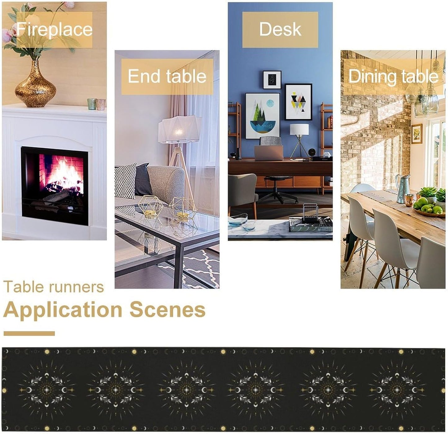 Sun Moon Table Runner, Magical Leaves Mysterious Western Traditional Elements Black White Table Runner for Party Living Room Home Kitchen Dinner Table Runner 13x120 Inch