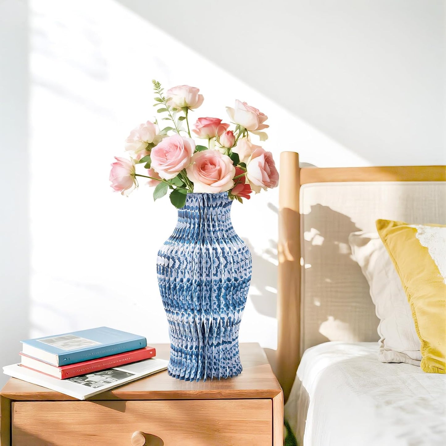 Blue and White Paper Honeycomb Vase, 11.6 Inch Foldable Decorative Vase with Magnetic Closure, Chinoiserie Décor Vase, Reusable Table Centerpiece for Home Decor, Party Decorations