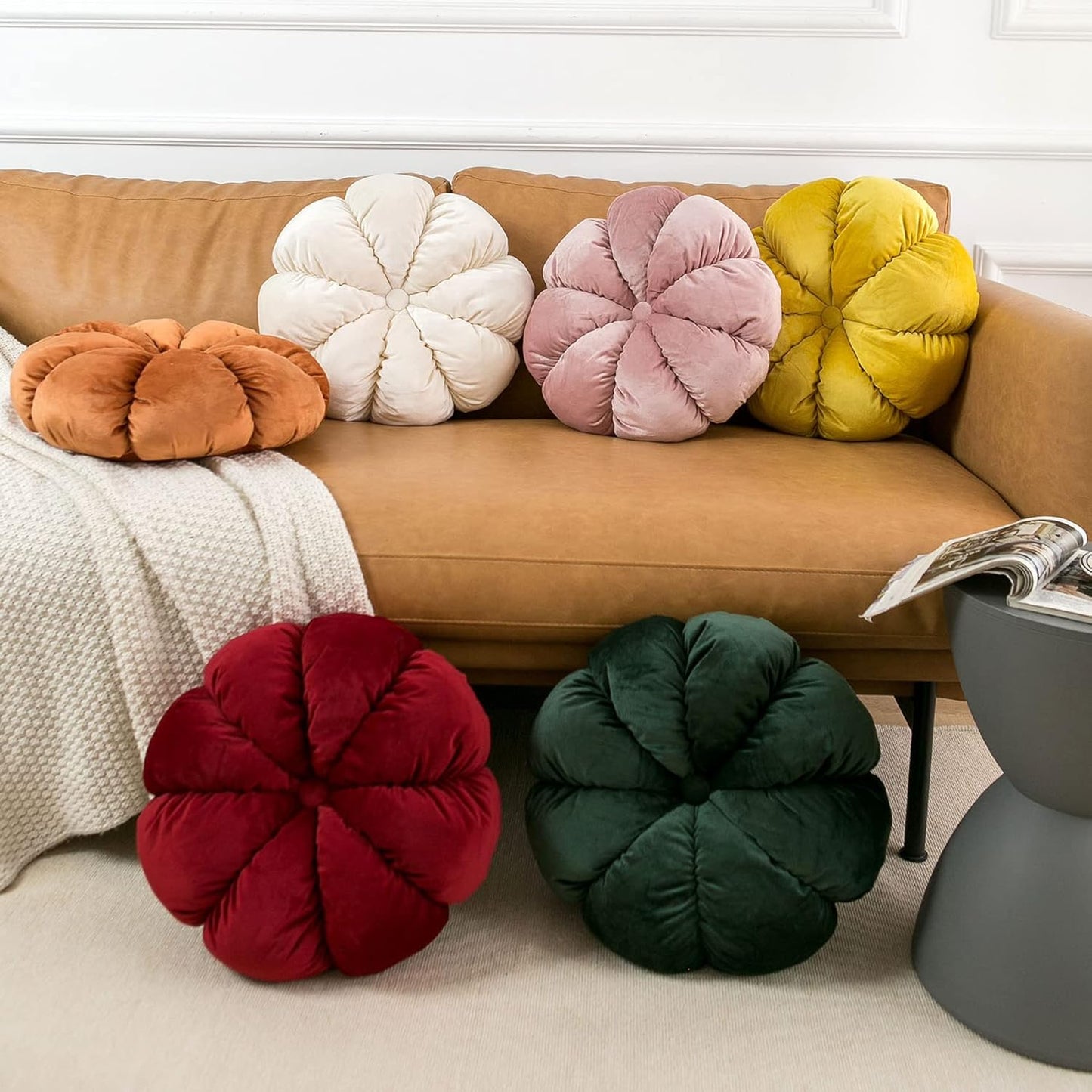 Flower Pillow Cushion Round Decorative Throw Pillow for Couch Bedroom Flower-Shaped Floor Cushion for Girls Kids (Dark Green, 15.7”)