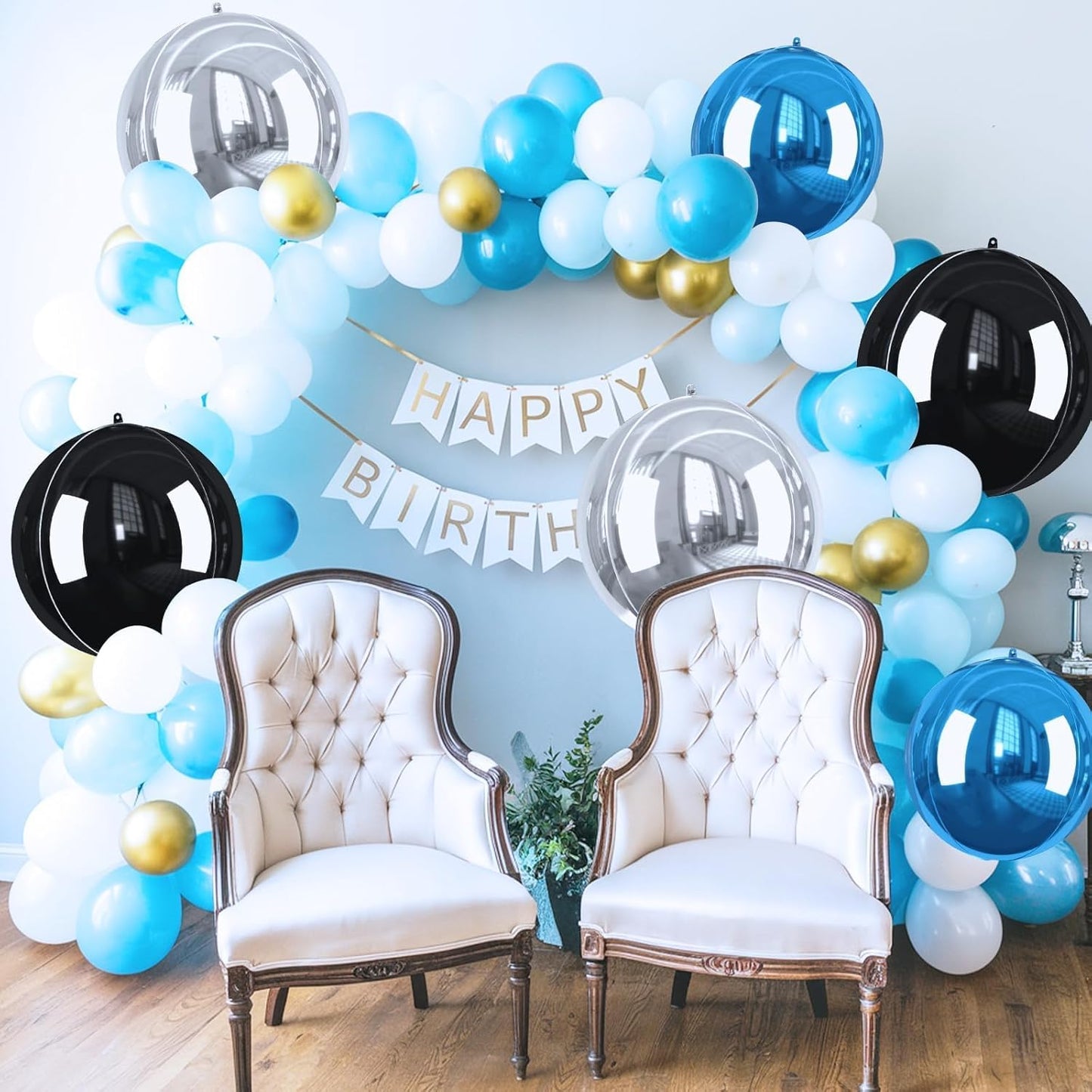Blue and Silver Giant Foil Balloons, 6 Pcs Large Metallic Blue Silver Black Round Balloons, 22 Inch Big Round Foil Balloon for Birthday Party Baby Shower Graduation Decorations