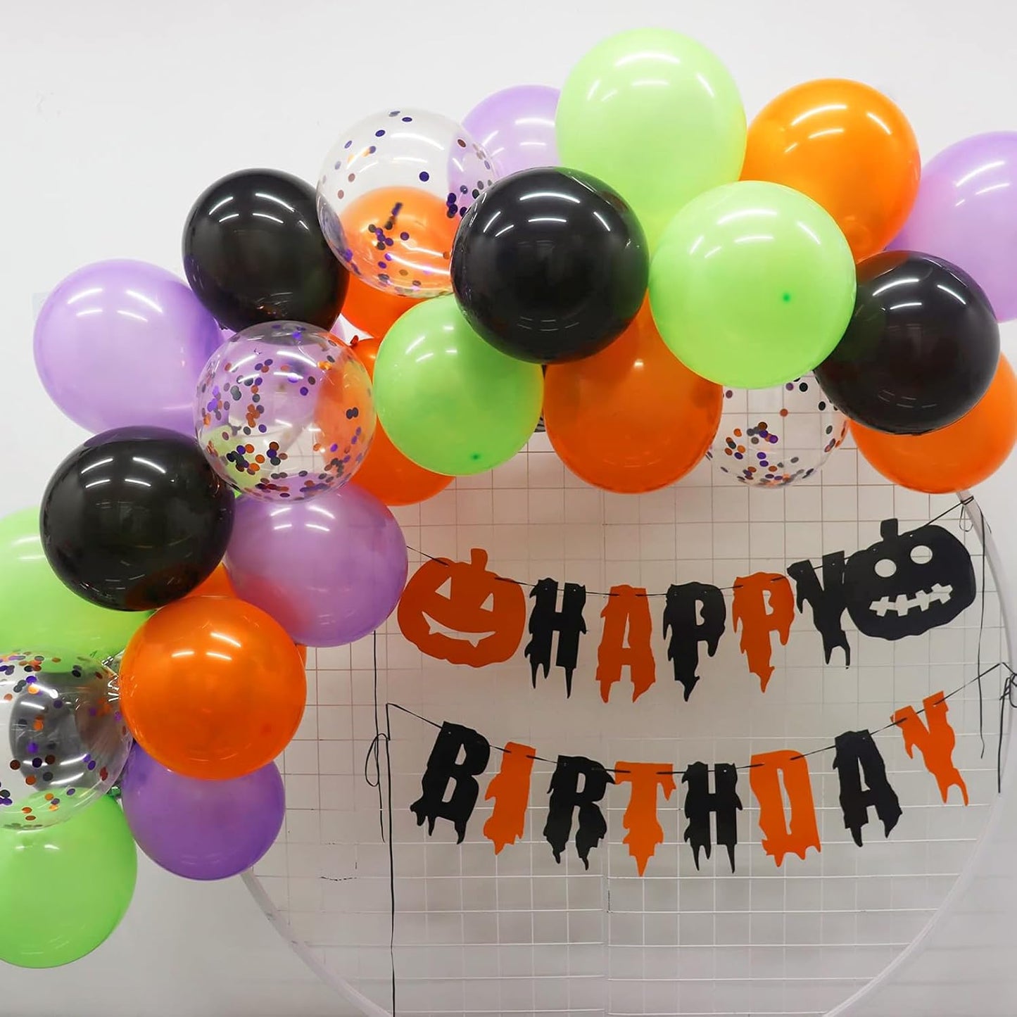 Patimate Halloween Decorations Balloons Set, 50 pcs 12 inch Purple Green Orange Black Confetti Latex Balloons Kit for Halloween Baby Shower Birthday Bachelorette Trick or Treat Party Supplies