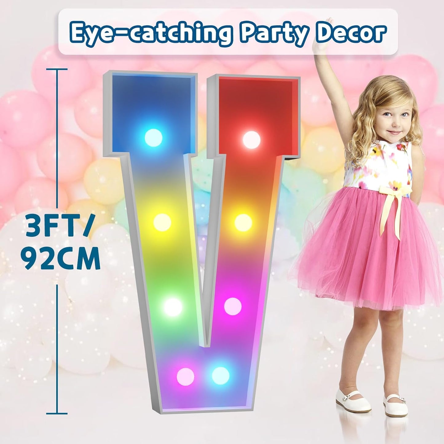 imprsv 3FT Colorful Marquee Light Up Letters V, 18 Colors Light Up Sign Alphabet Sign with Remote, One Letters First Birthday, Large Letters for Birthday Engagement Anniversary Wedding Party Decor