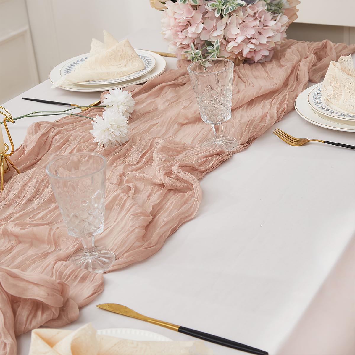 Nude 12 Pack Cheesecloth Table Runner 120 Inch 10 FT Boho Rustic Gauze for Wedding Baby Shower Party Farmhouse Summer Home Decor Washable