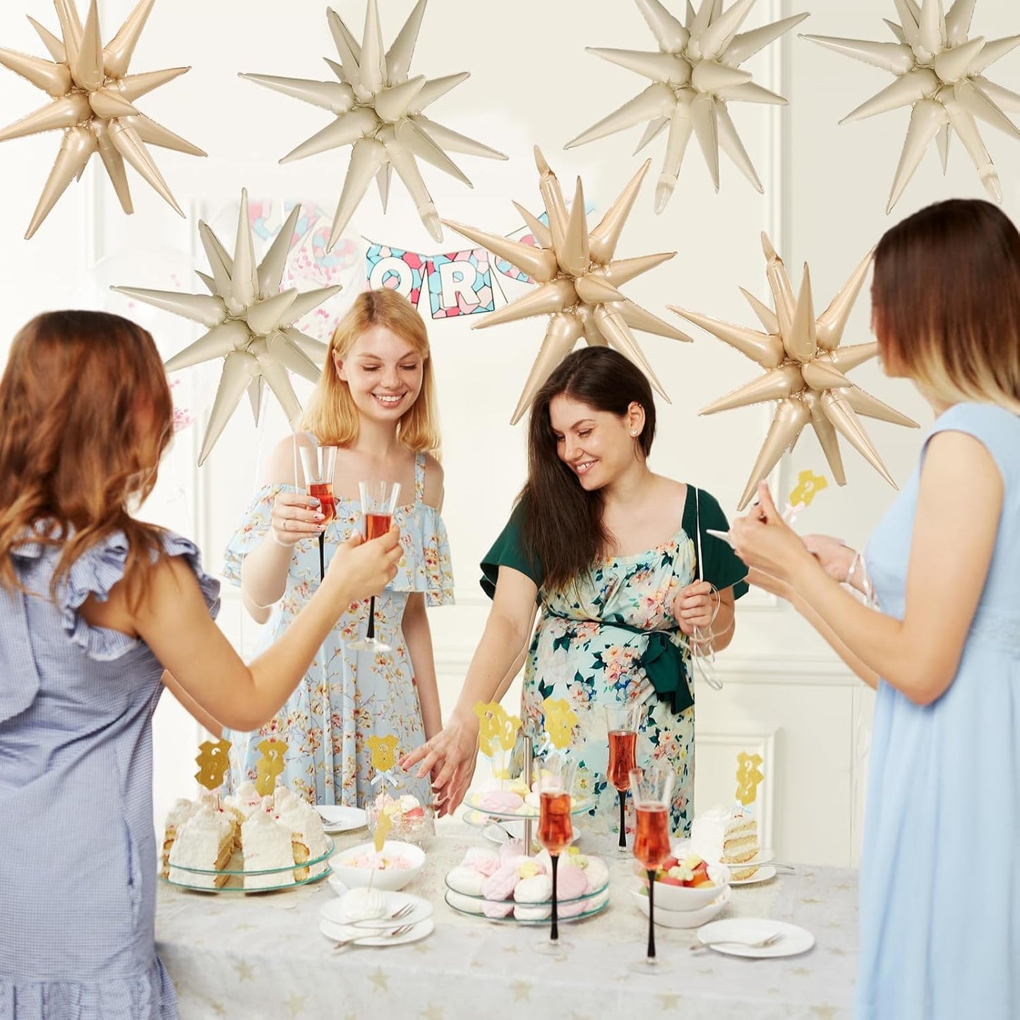 Cream White Beige Star Balloons,9Pcs 22Inch Caramel Sand White Explosion Spike Cone Helium Polyester Film Star Balloon for Birthday Anniversary Baby Shower Disco Party Decorations