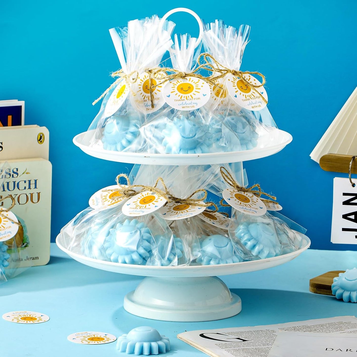 Demissle 20 Pcs Sun Soap Baby Shower Favors for Sunshine Party Here Comes the Son Baby Favors Mini Handmade Soap Gifts with Thank You Card for Guest Gender Reveal Party Decor(Blue)