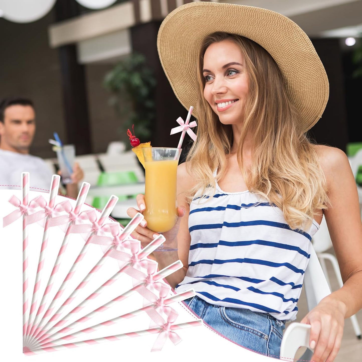 200 Pcs Pink Paper Straws for Drinking, Bow Disposable Striped Paper Straws Bulk Pink Theme Birthday Party Supplies for Wedding Cake Decorations Bachelorette Baby Shower