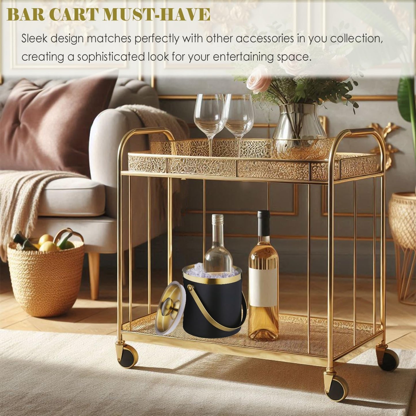 Insulated Ice Bucket with Lid, Handle and Tong Black Gold Stainless Steel Champagne Bucket for Party 3L Bar Cart Accessories Keep Drinks Chilled