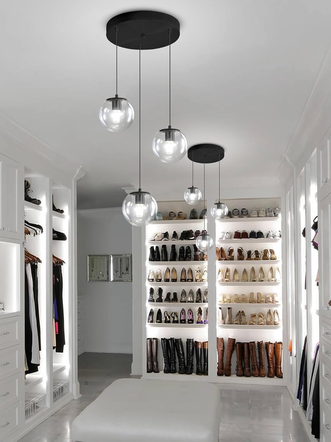 Globe Glass Pendant Light Modern Black Clear Globe Glass Chandelier Mid Century Chandelier 3-Light Hanging Fixture for Kitchen Island Foyer Hallway Dining Room