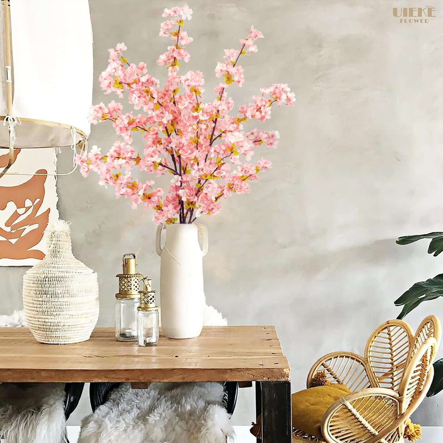 Uieke Silk Cherry Blossom Branches, 39.3in Artificial Cherry Blossom Tree Stems, Fake Plum Blossom Flowers Arrangement for Wedding Home Japanese Decor, Set of 3, Pink