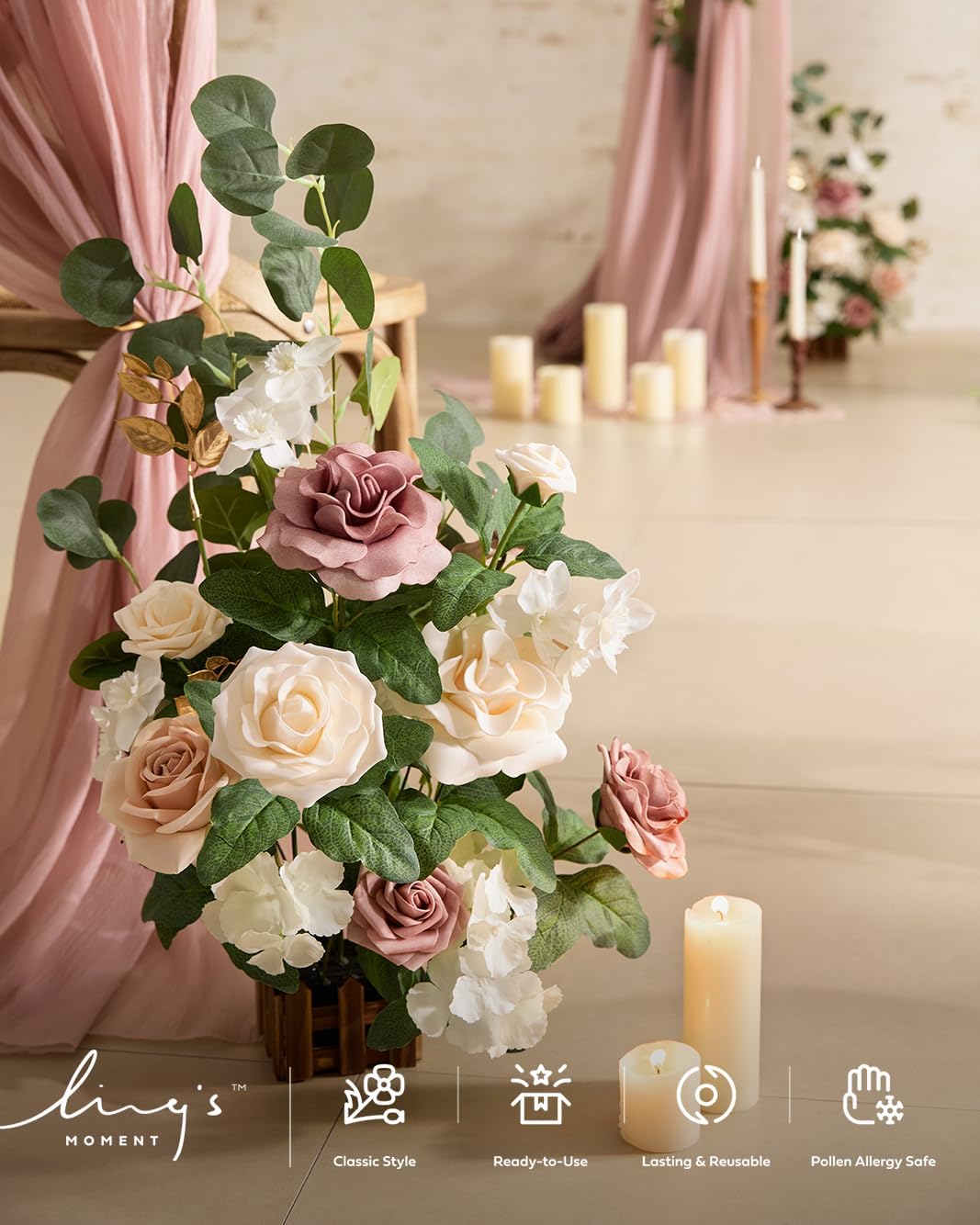 Ling's moment 17.5" Tall Standing Artificial Flowers Arrangements 4 pcs Wedding Aisle Runner Chair Decorations Dusty Rose Cream for Centerpieces Ceremony Reception Rose Floral Party Outdoor