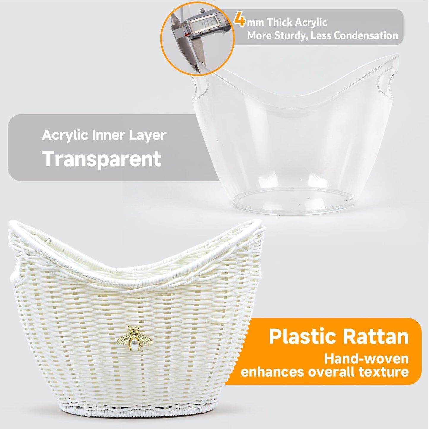 Lexenic Ice Bucket with Handle Hole, Woven and Acrylic Double Layer Basket Design, 4L Champagne Wine Ice Bucket for Cocktail Bar, Parties- Anti Frozen Hands Anti Water Leakage (Plastic-White)