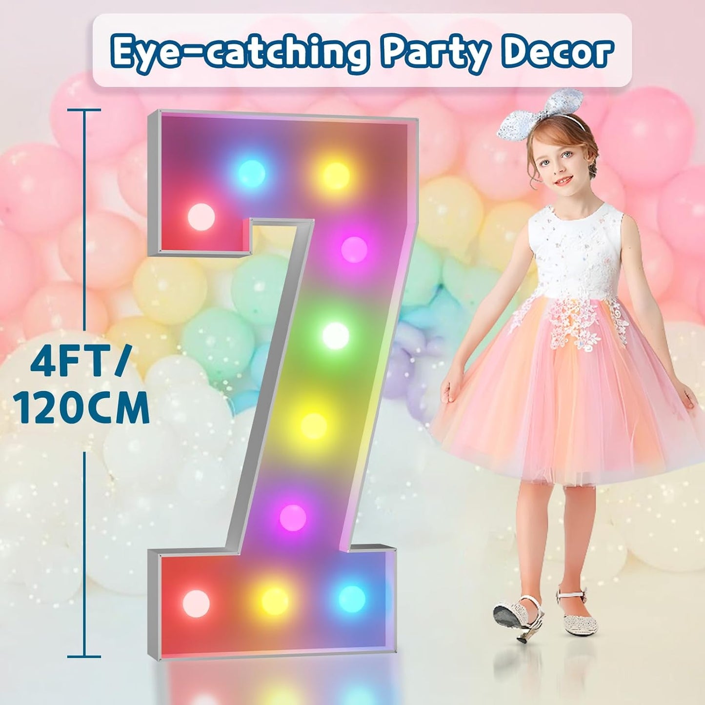 imprsv 4FT Colorful Marquee Numbers,18 Colors Number 7 with Remote, Light Up Numbers Sign for 70th Birthday Decorations Anniversary Party Decor, Pre-Cut Foam Board Kit, Mosaic Sign for Balloon
